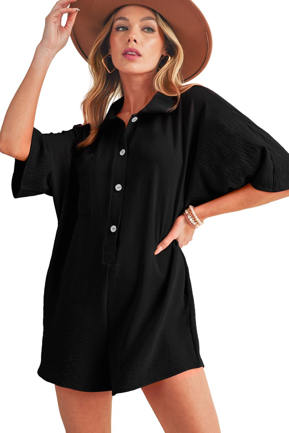 Black Plain Half Button Collared Pocket Loose Romper