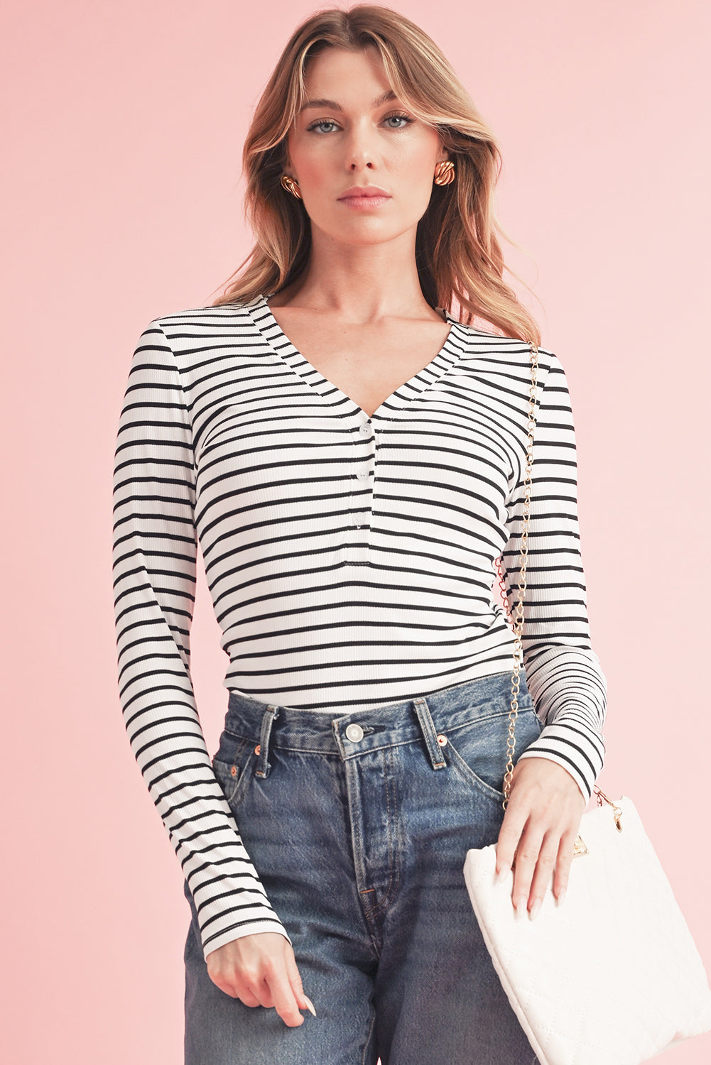 White Stripe Slim Fit Buttoned V Neck Long Sleeve Top