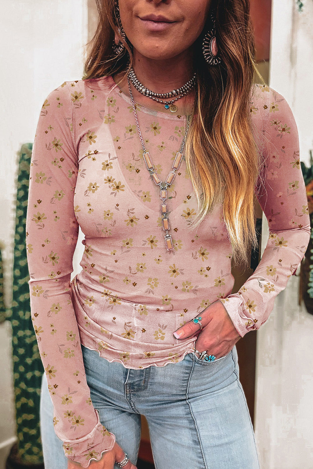 Laurel Green Floral Print Mesh Slim Fit Long Sleeve Top