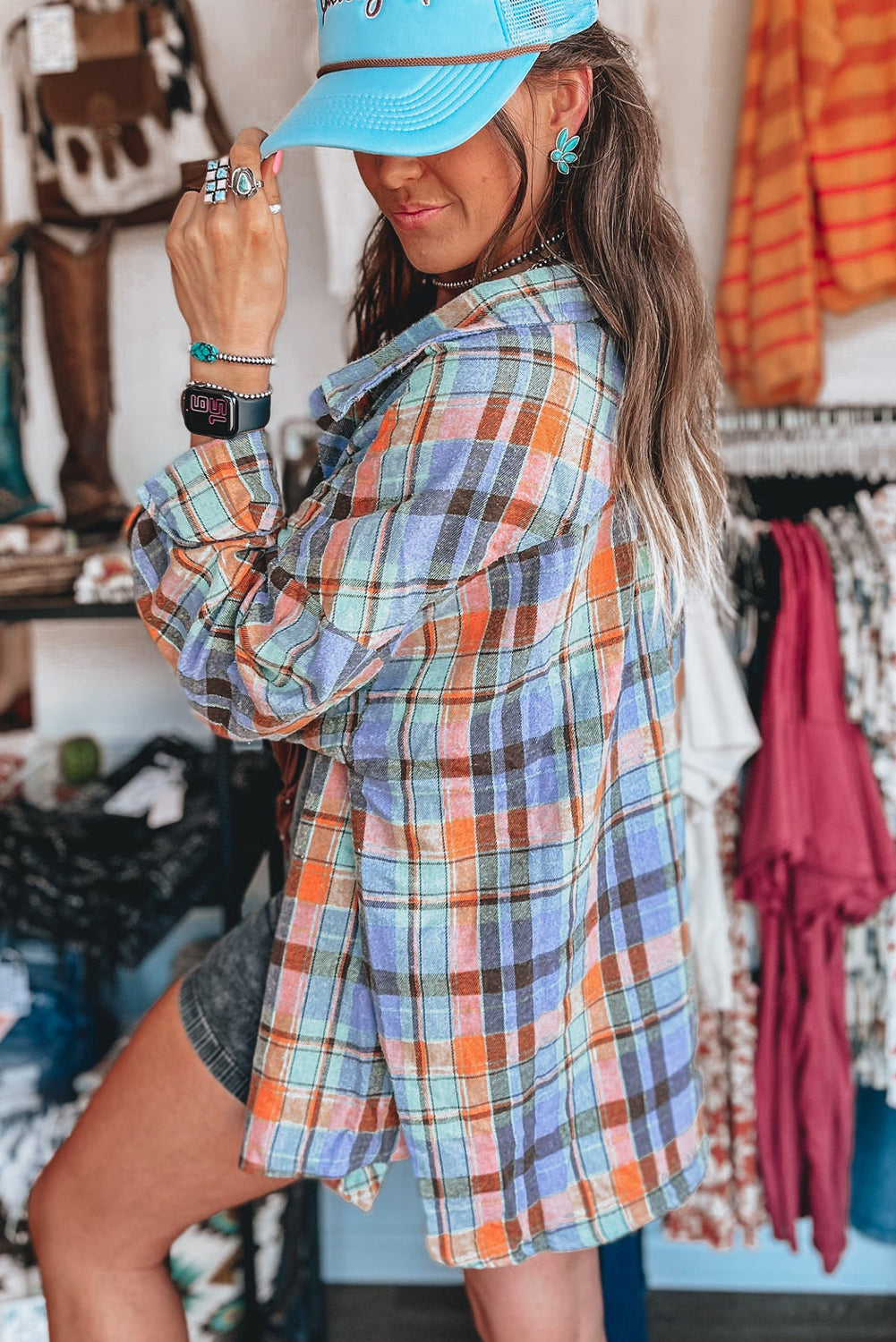 Red Plaid Print Drop Sleeve Loose Shirt