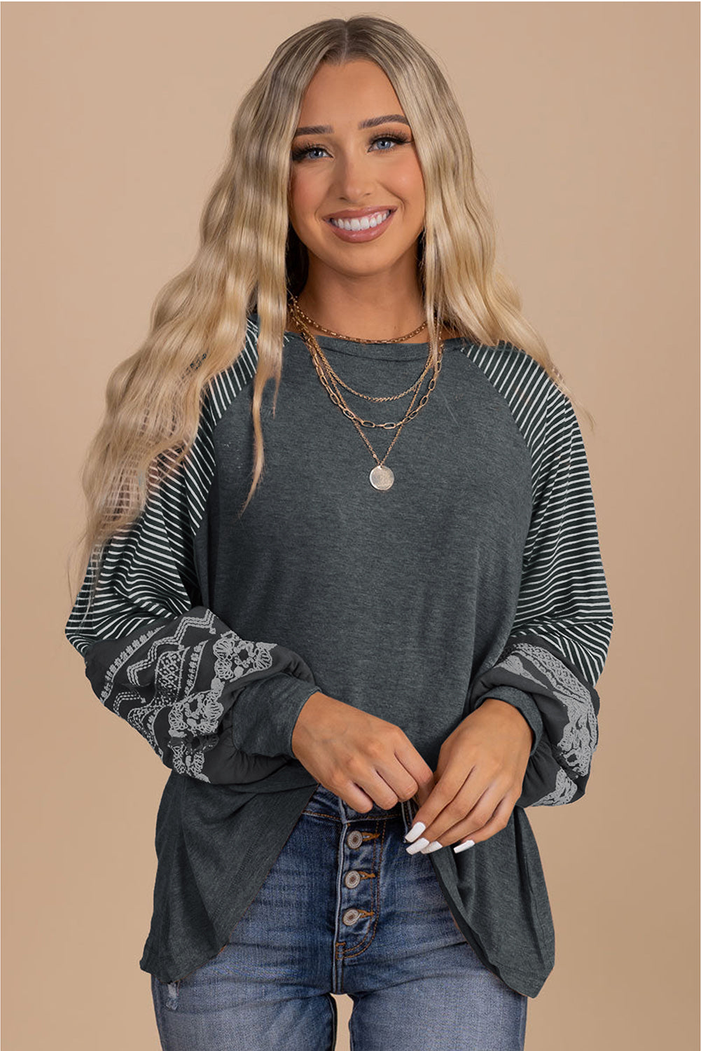 Mineral Red Contrast Print Striped Raglan Long Sleeve Loose Top