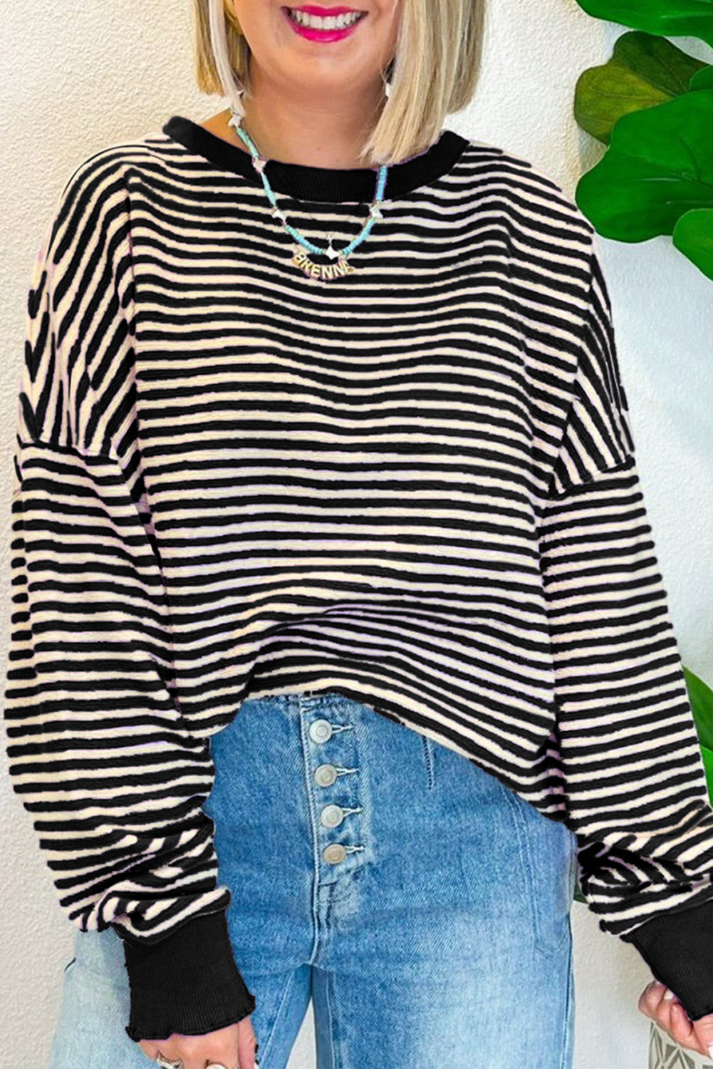 Pink Stripe Drop Shoulder Long Sleeve Top