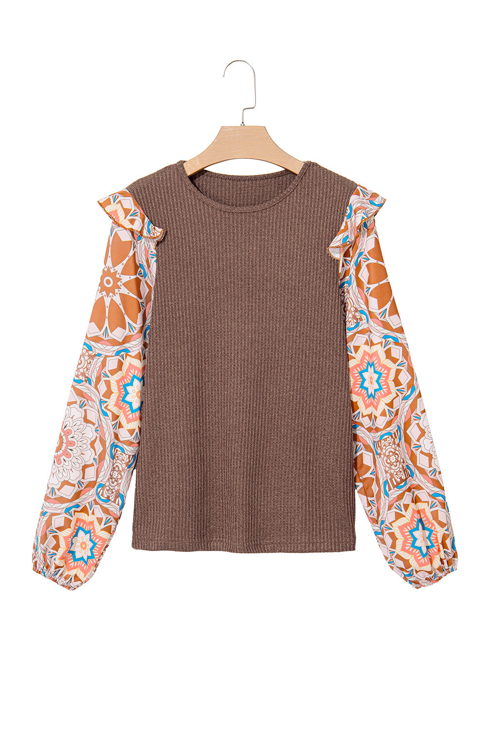 Coffee Ruffle Floral Sleeve Patchwork Waffle Top