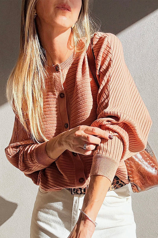 Apricot Pink Rib Knit Button Front Dolman Sleeve Cardigan