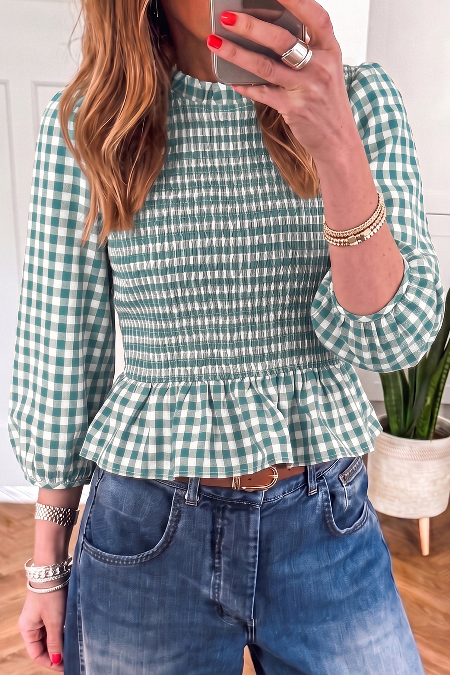 Brown 3/4 Sleeve Shirred Plaid Peplum Top