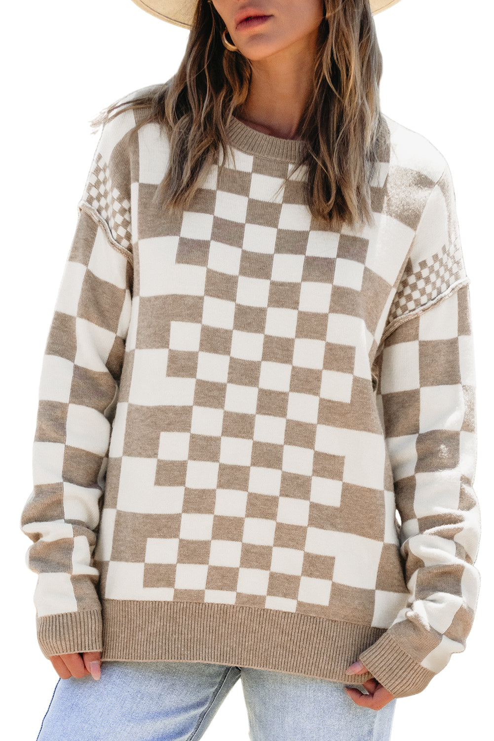 Black Checkered Drop Shoulder Round Neck Sweater