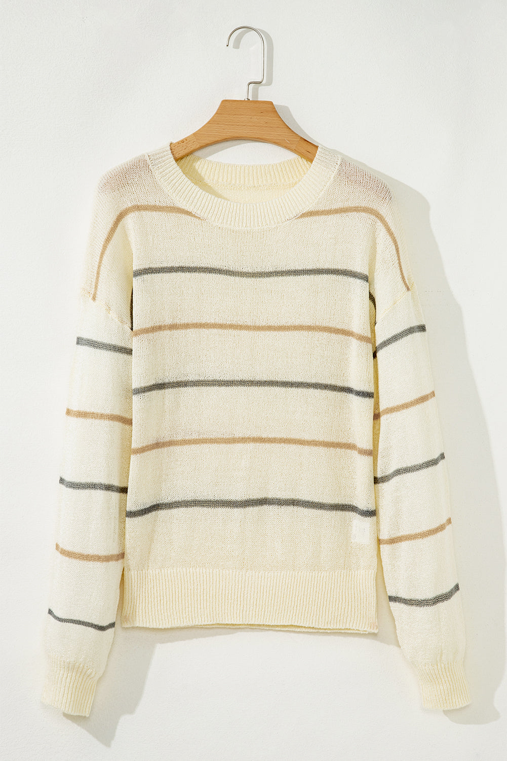Brown Striped Ribbed Edge Drop Shoulder Sweater