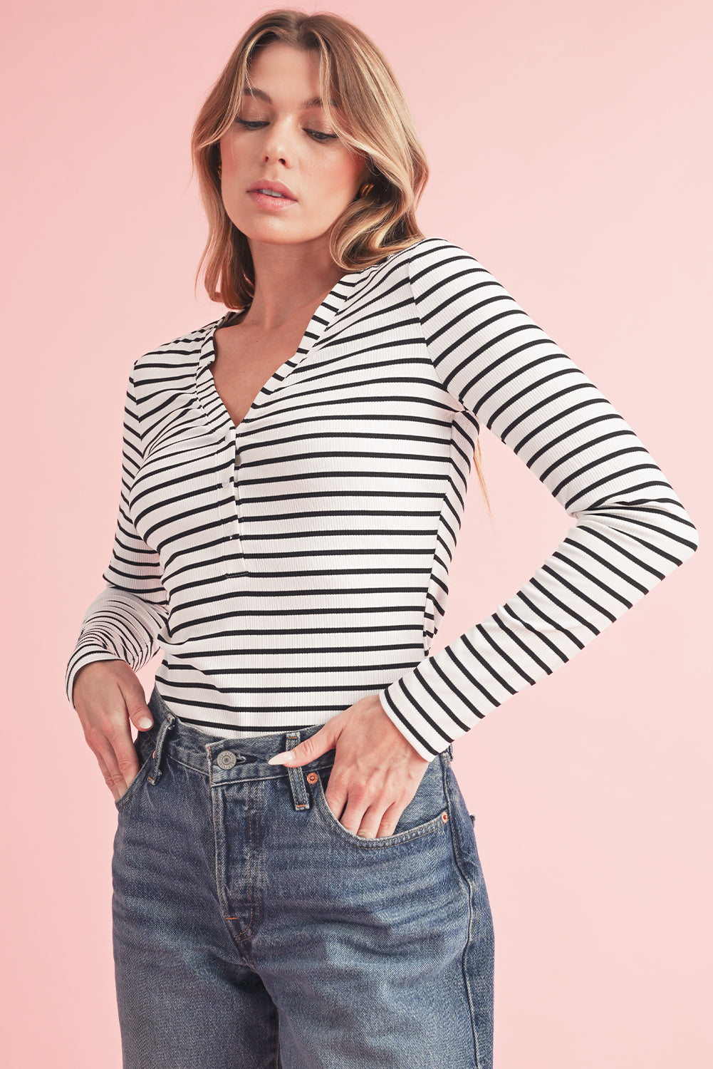 White Stripe Slim Fit Buttoned V Neck Long Sleeve Top