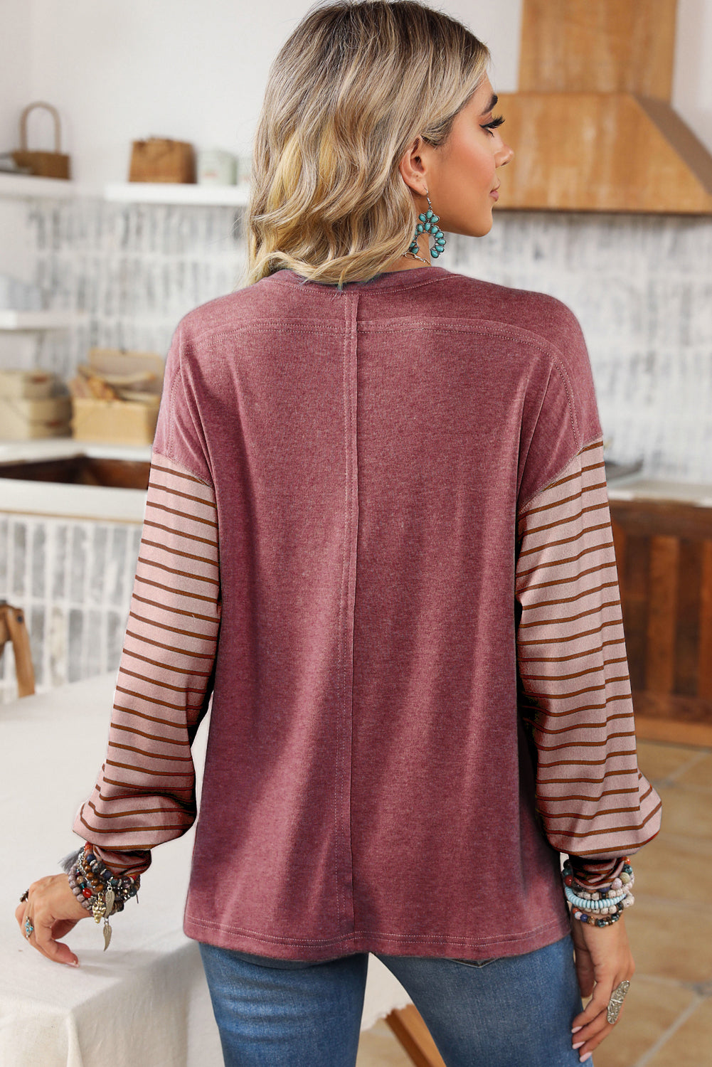 Khaki Colorblock Striped Bishop Sleeve Side Slits Top