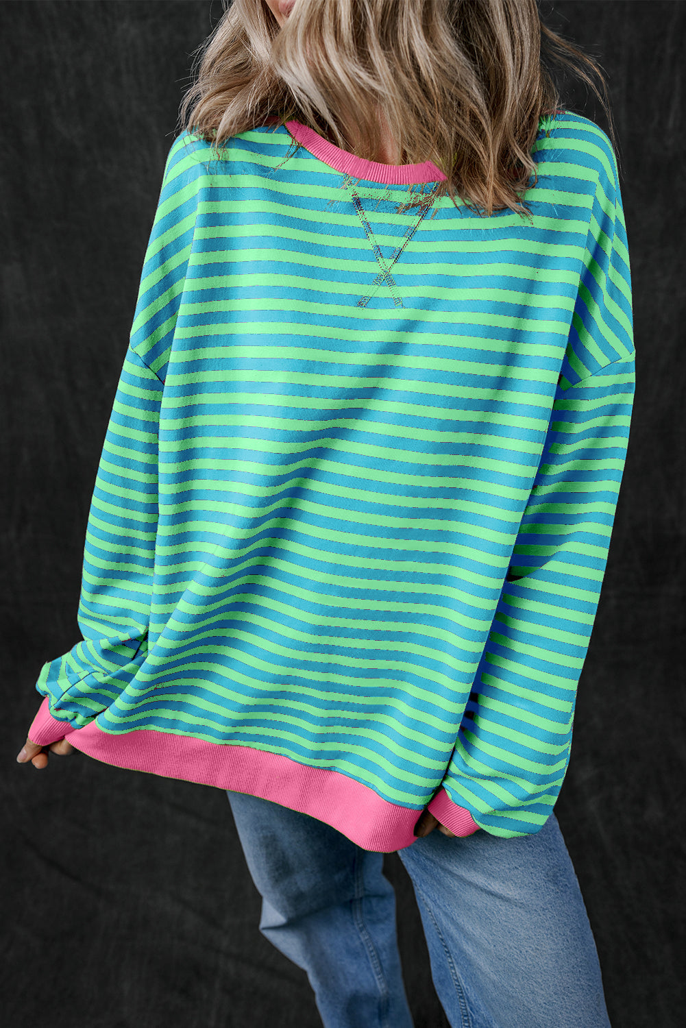 Green Stripe Contrast Edge Oversized Sweatshirt