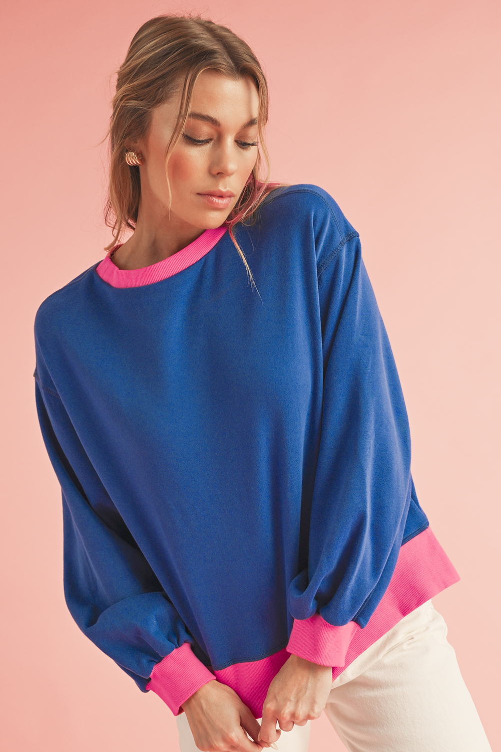 Blue Contrast Trim Bubble Sleeve Sweatshirt