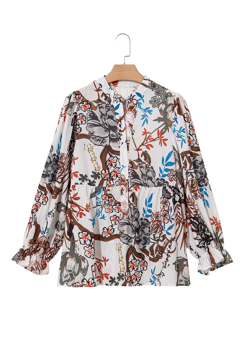 White Boho Print Lantern Sleeve V Neck Blouse