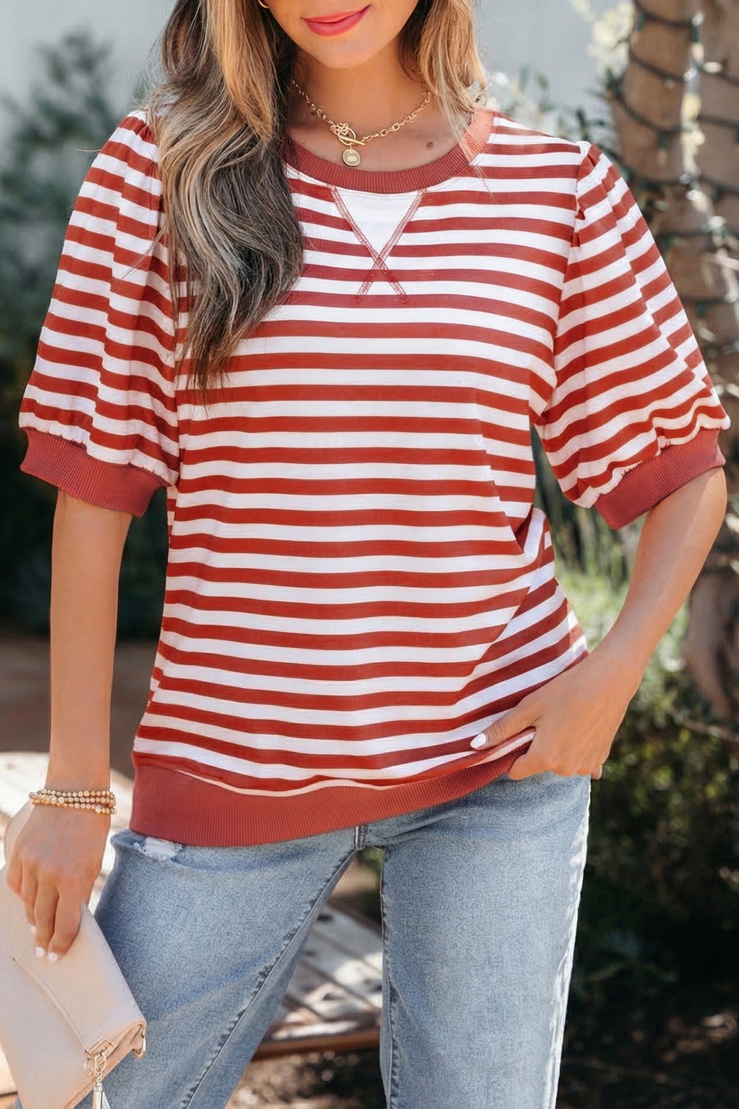 Sky Blue Stripe Short Bubble Sleeve T Shirt