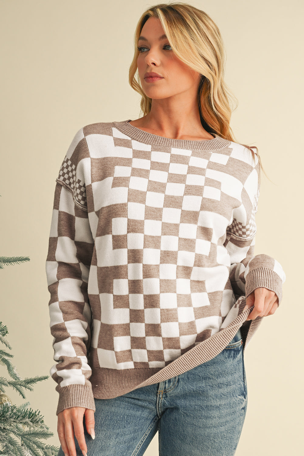 Black Checkered Drop Shoulder Round Neck Sweater