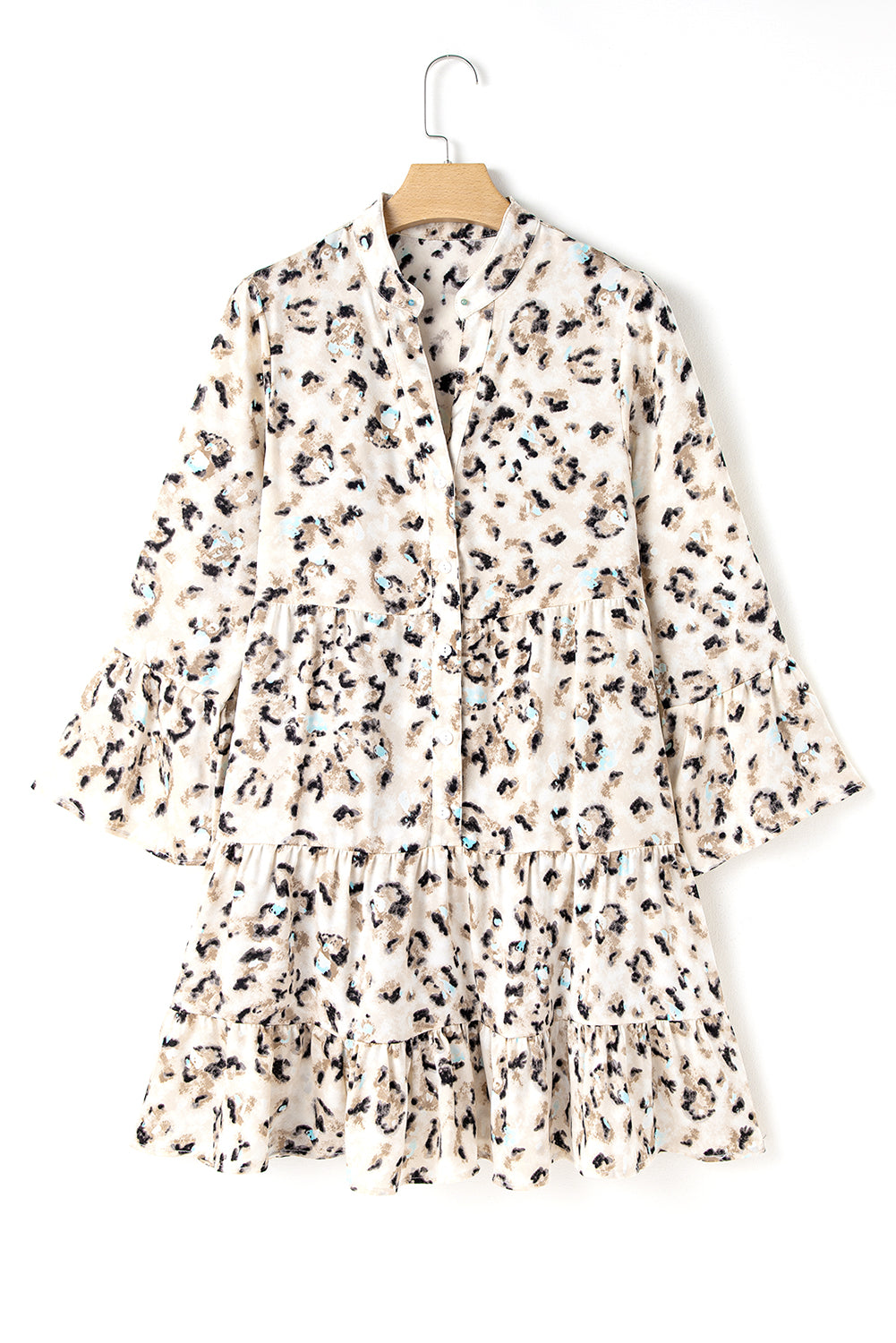 Khaki Leopard Button V Neck Pocket Flowy Mini Dress
