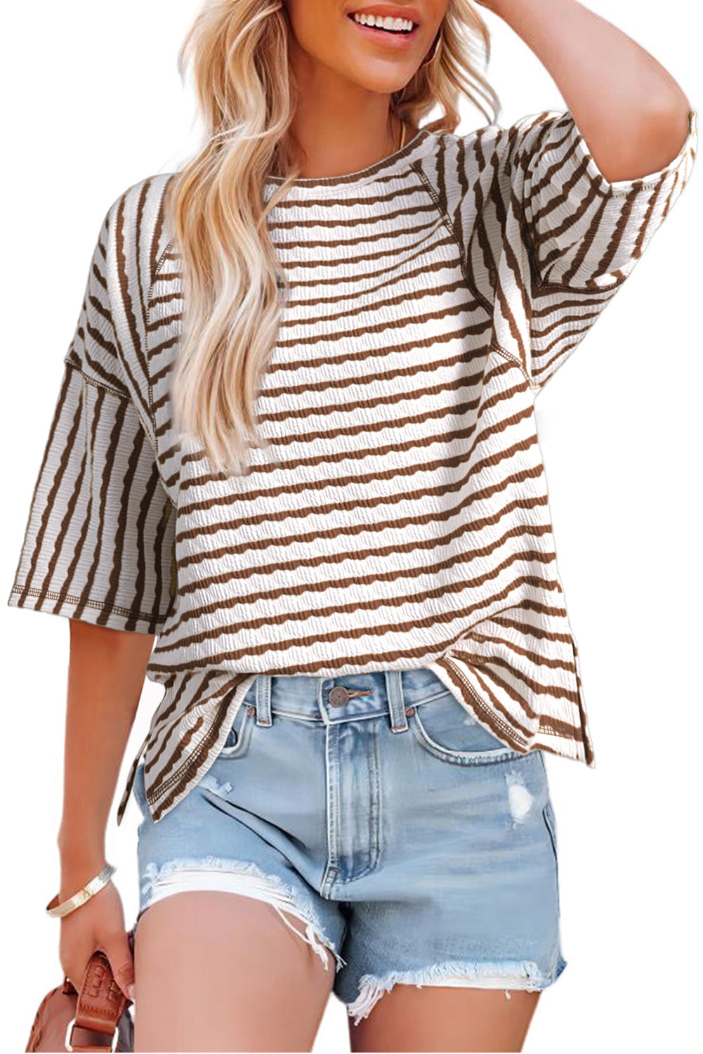 Apricot Stripe Textured Knit Split Hem Half Sleeve Loose Top