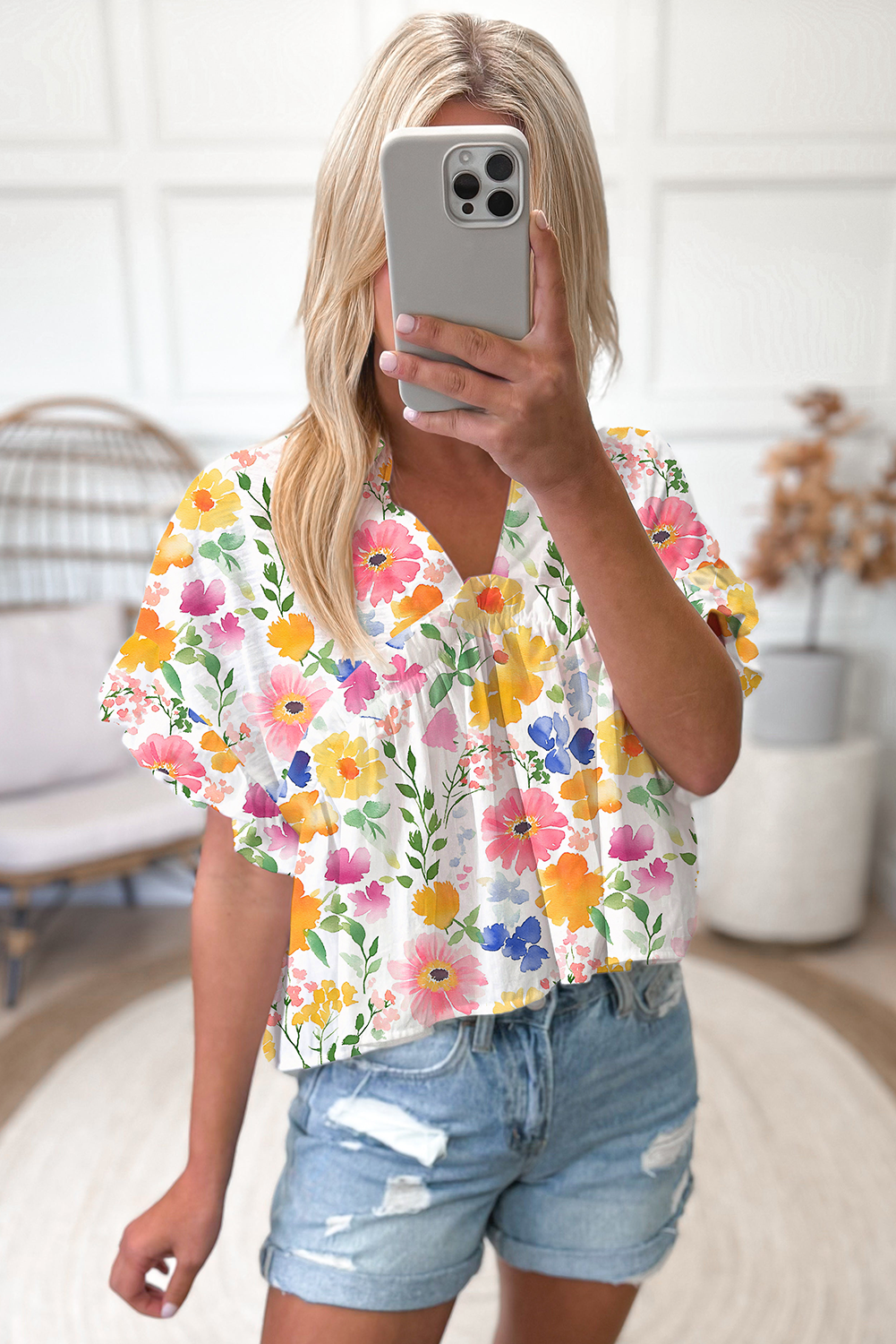 Pink Allover Floral Print Boxy Fit V Neck Blouse