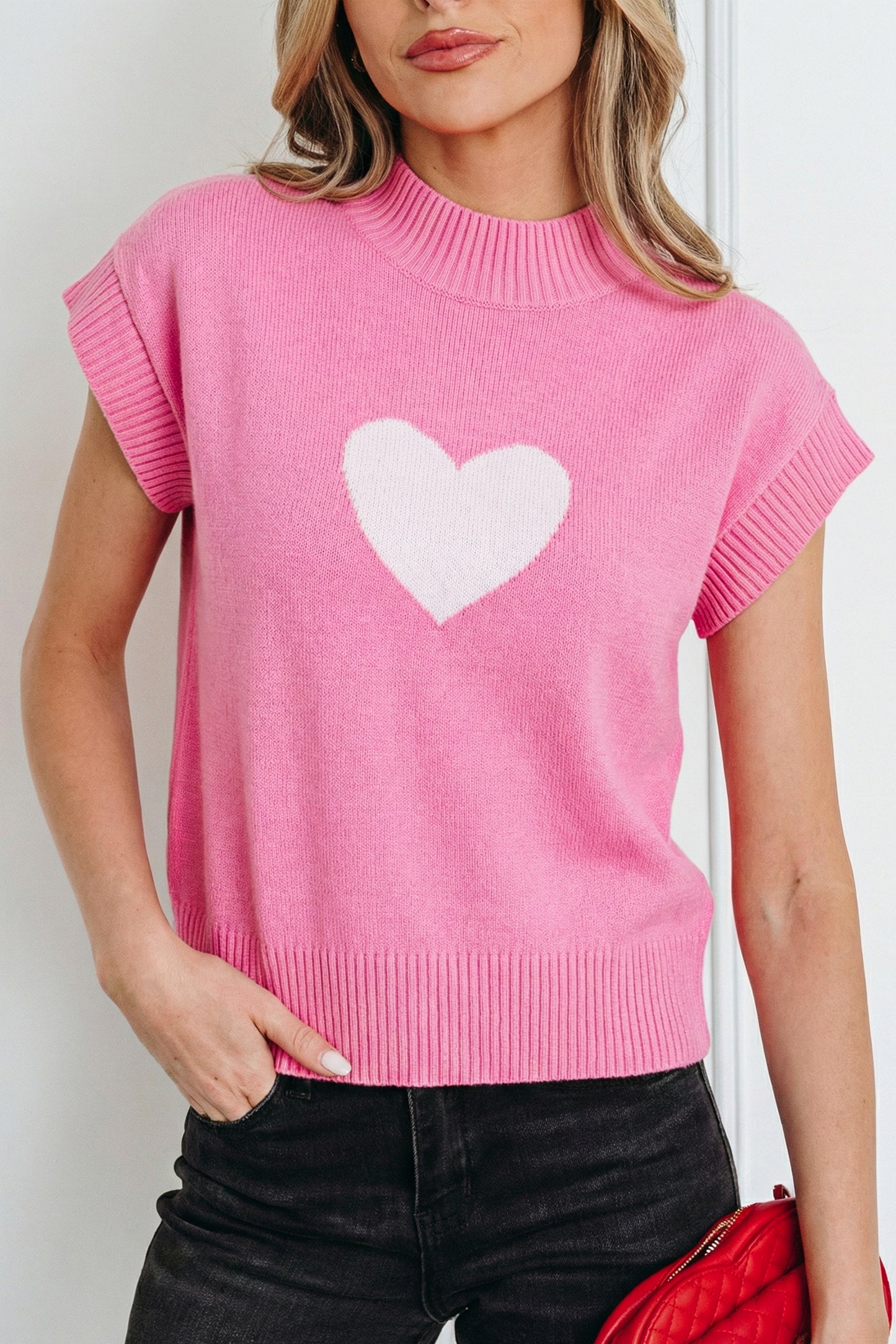White Valentine Heart Graphic Cropped Short Sleeve Sweater