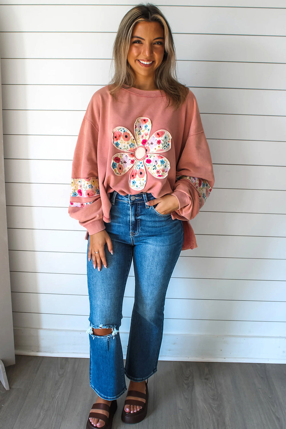 Wisteria Flower Applique Patchwork Drop Sleeve Pullover Sweatshirt