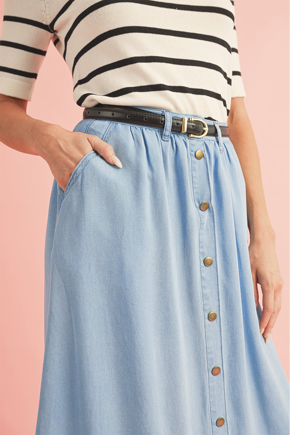 Mist Blue Fully Buttoned Long Denim Skirt