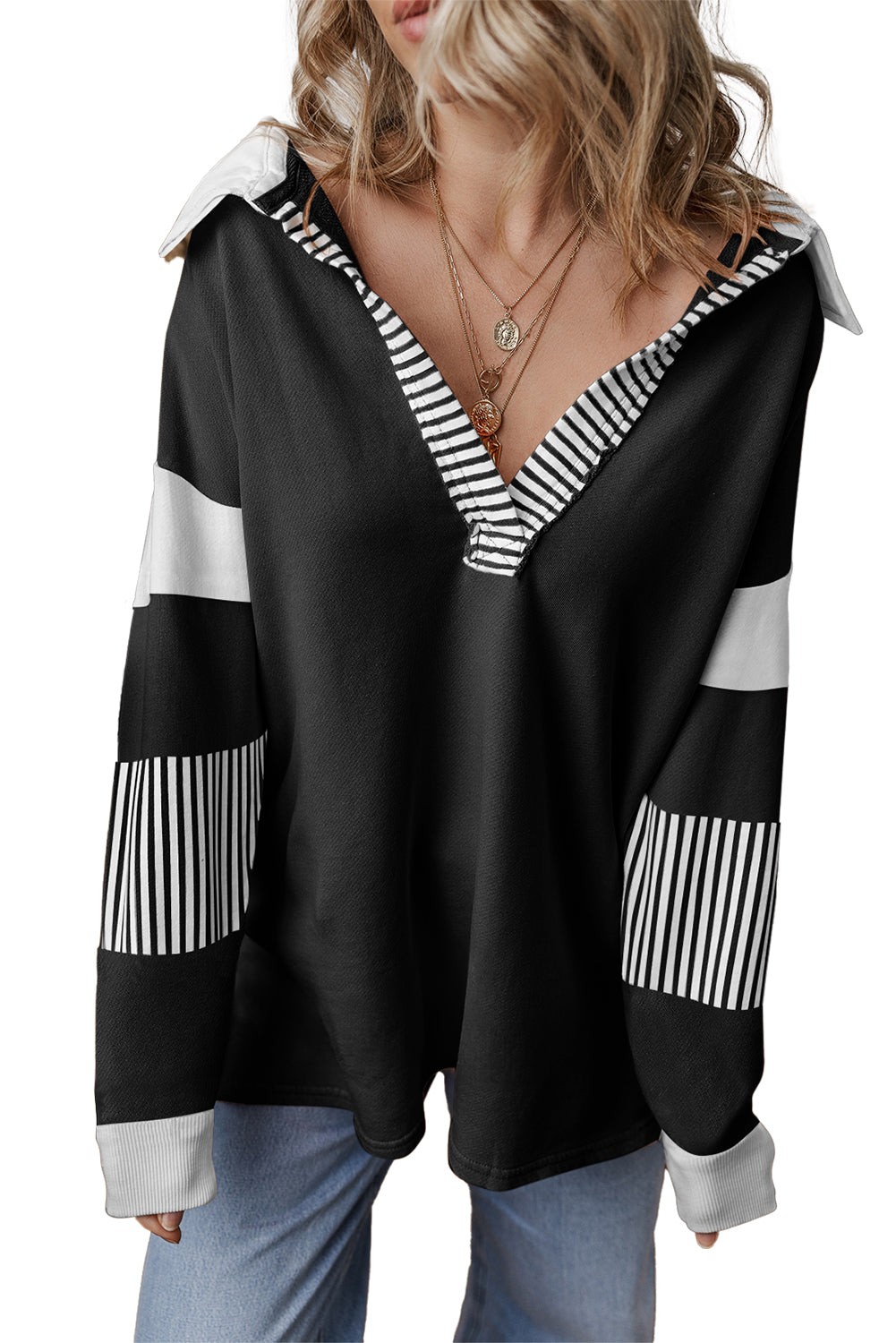 Black Striped Patchwork Collar Sweatshirt