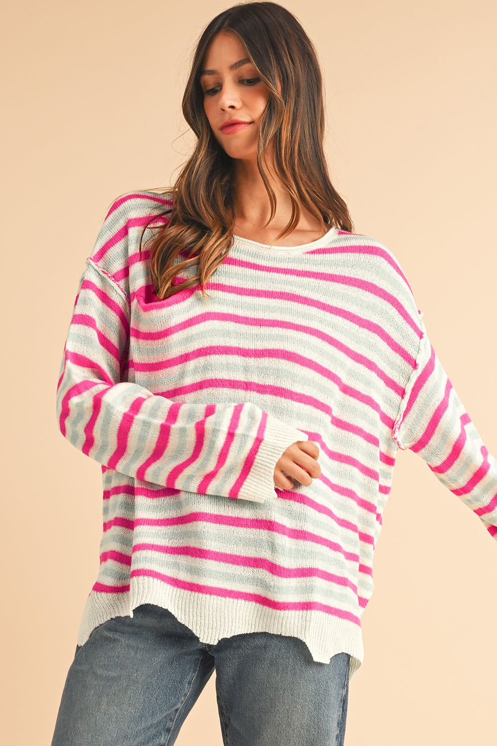 Rose Stripe Distressed Pocket Drop Sleeve Sweater