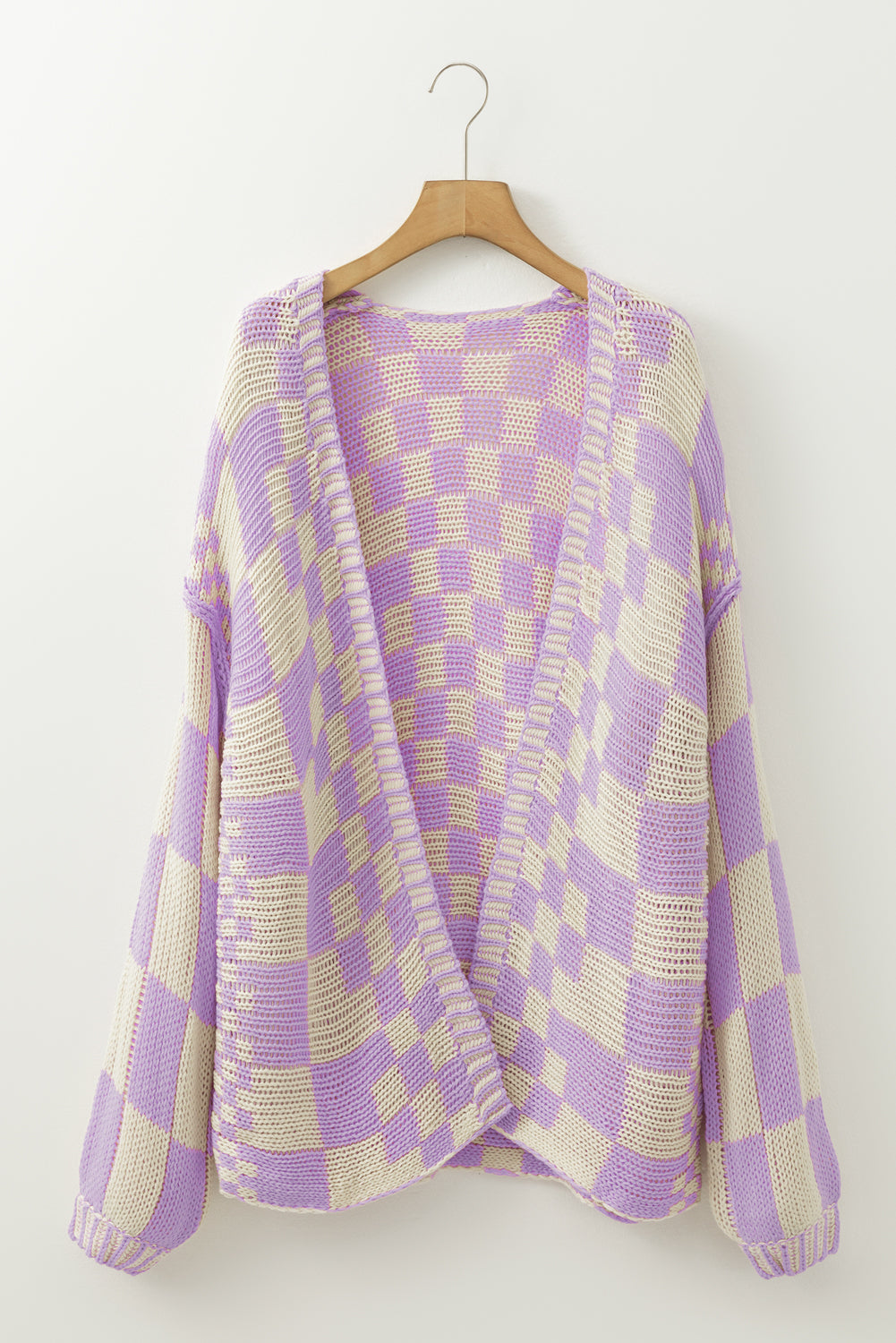 Smoke Gray Colorblock Checked Open Front Knitted Cardigan
