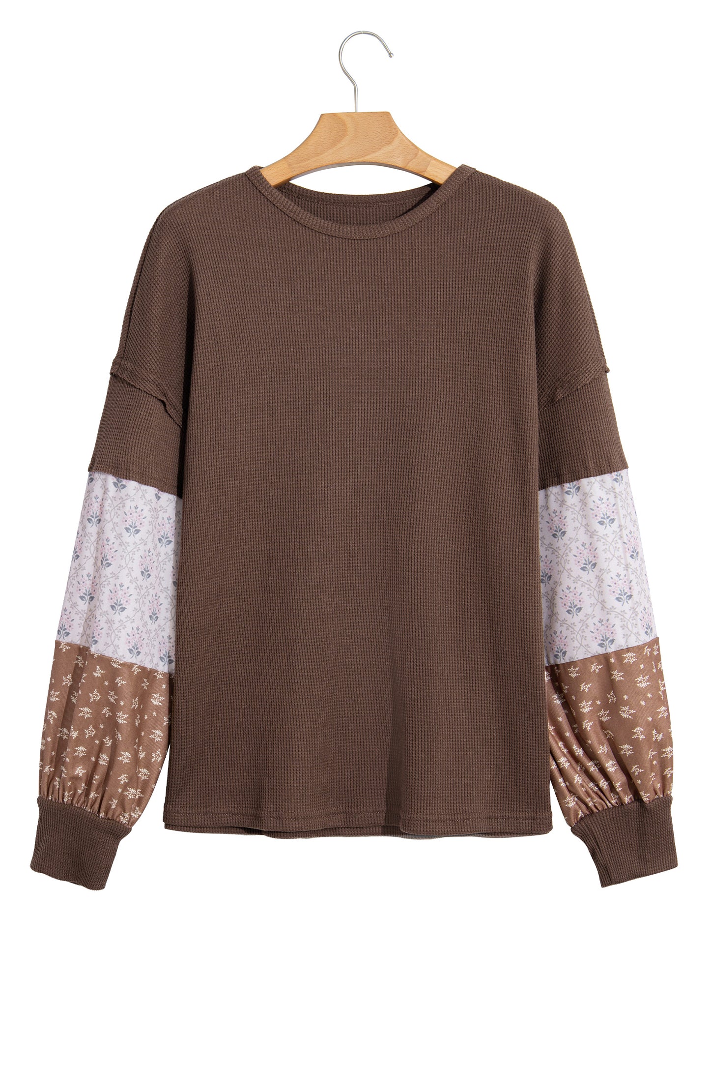 Coffee Floral Print Colorblock Long Sleeve Textured Loose Pullover Tunic Top