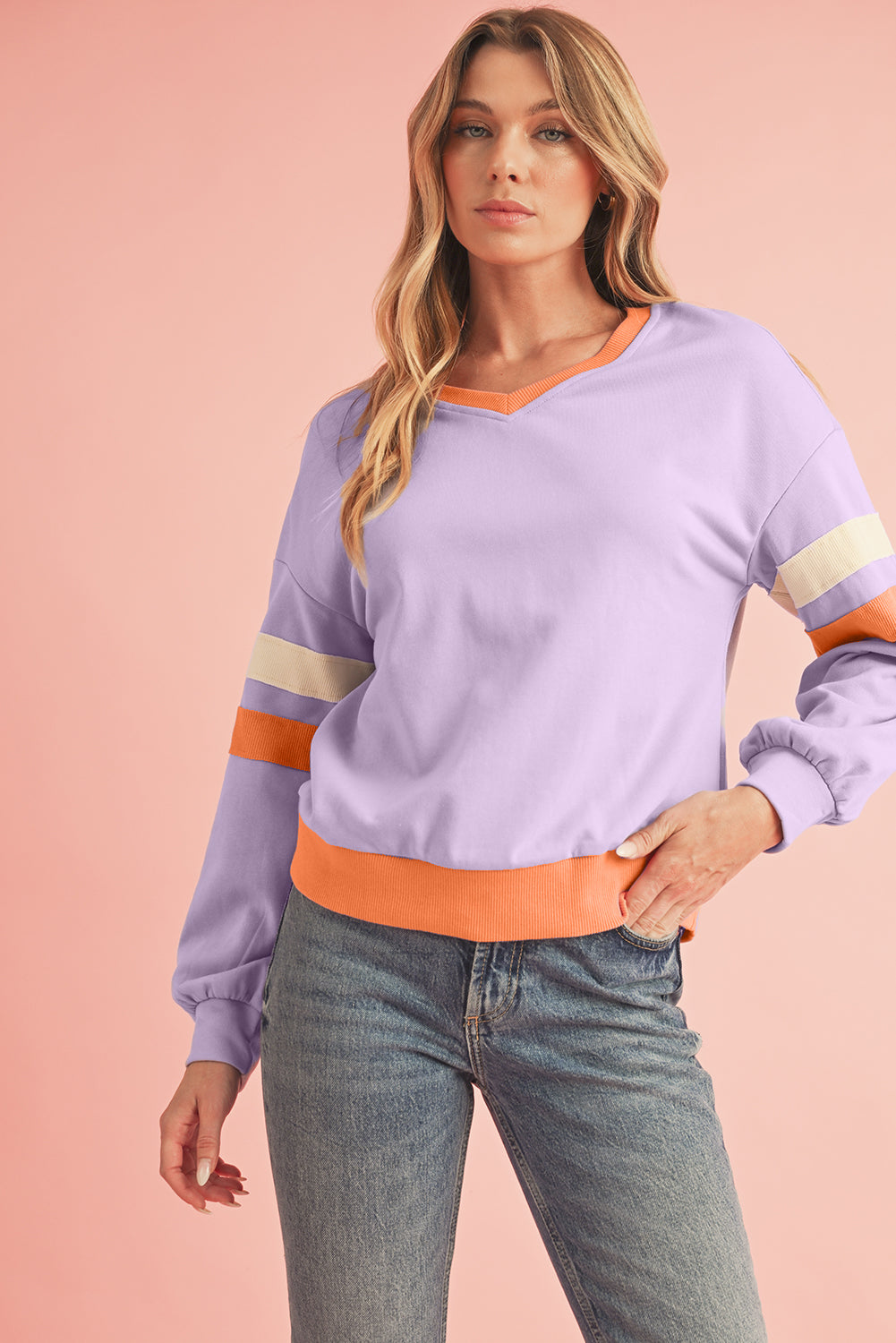 Orchid Rib Patchwork Drop Shoulder V Neck Sweatshirt