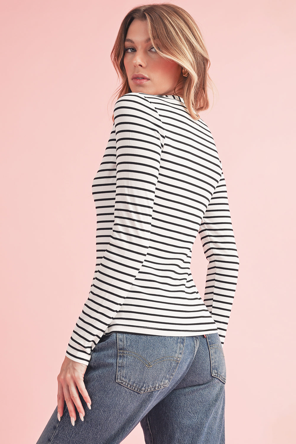 White Stripe Slim Fit Buttoned V Neck Long Sleeve Top