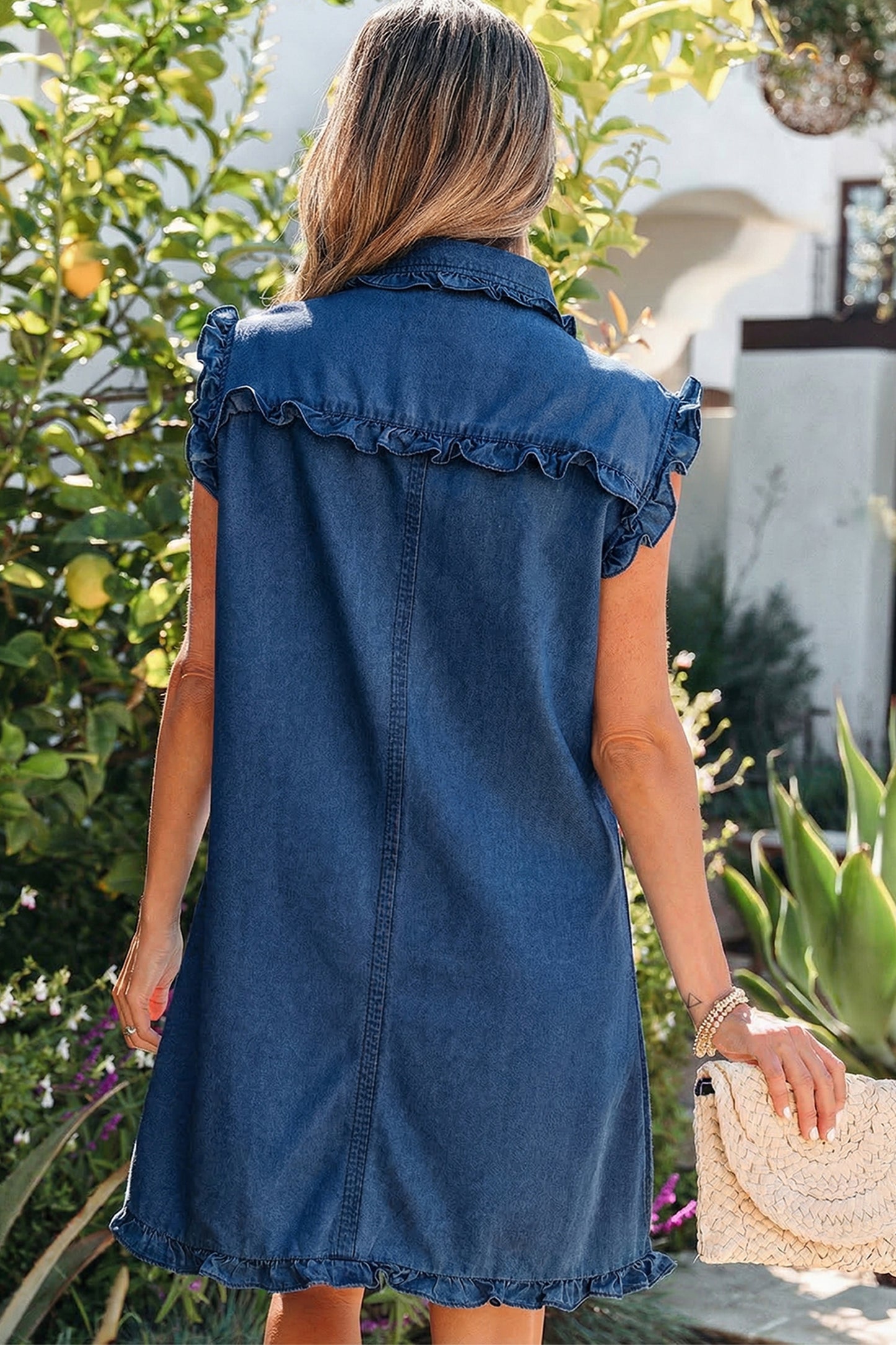 Beau Blue Ruffled Edge Collared Shift Denim Dress with Pockets