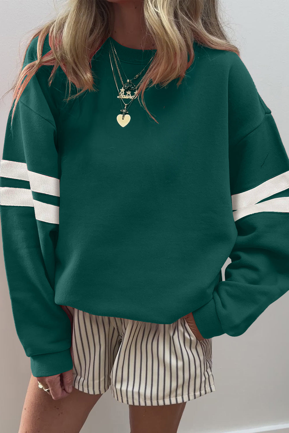Orange Preppy Striped Sleeve Loose Sweatshirt