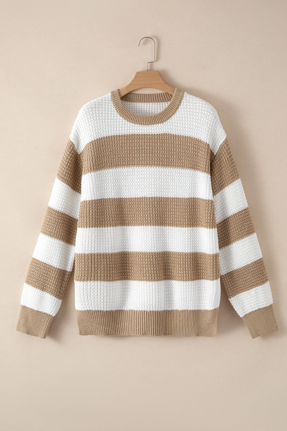 Light French Beige Striped Drop Shoulder Side Slit Sweater