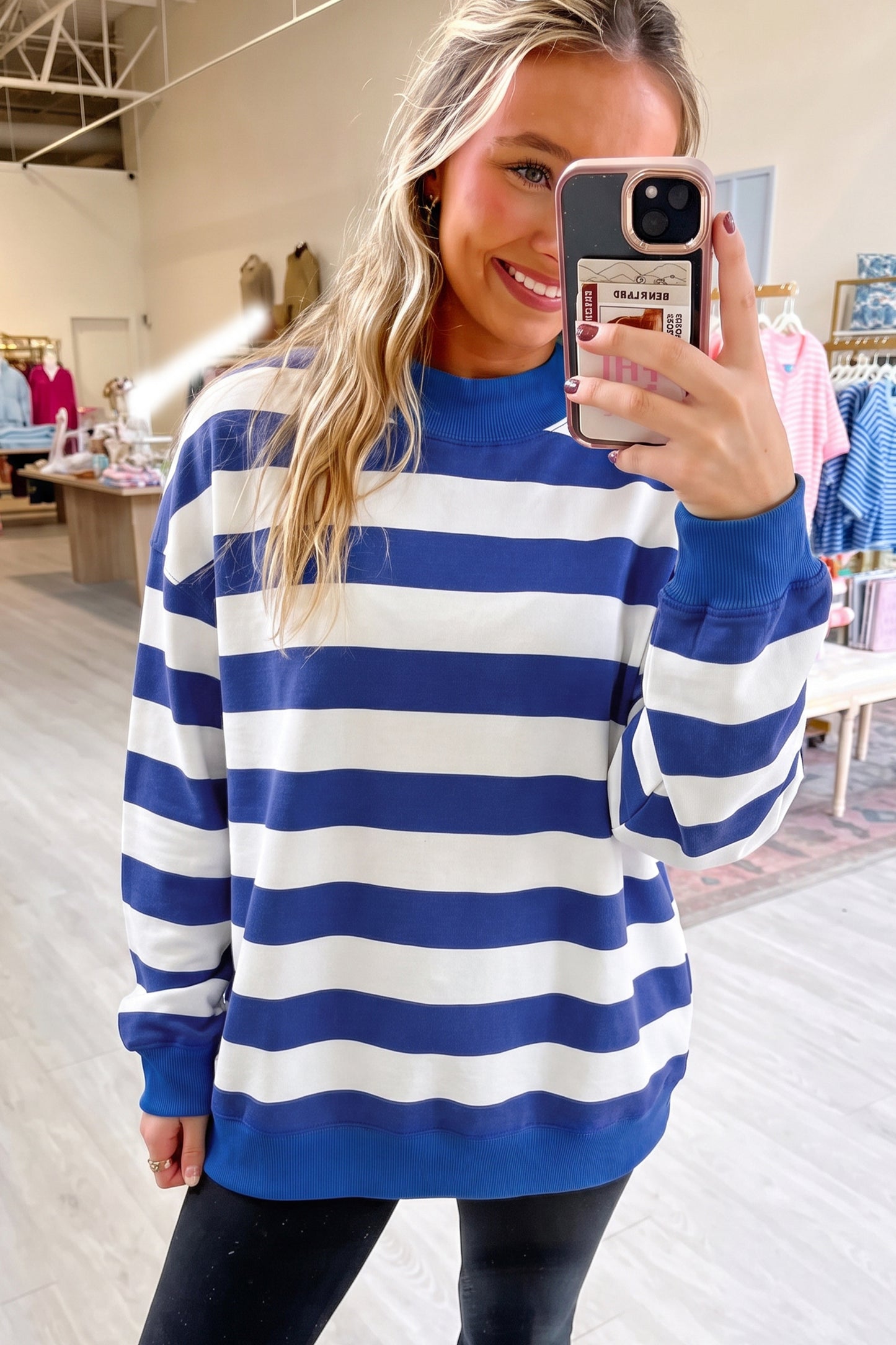 Rose Stripe Colorblock Mock Neck Relaxed Sweatshirt