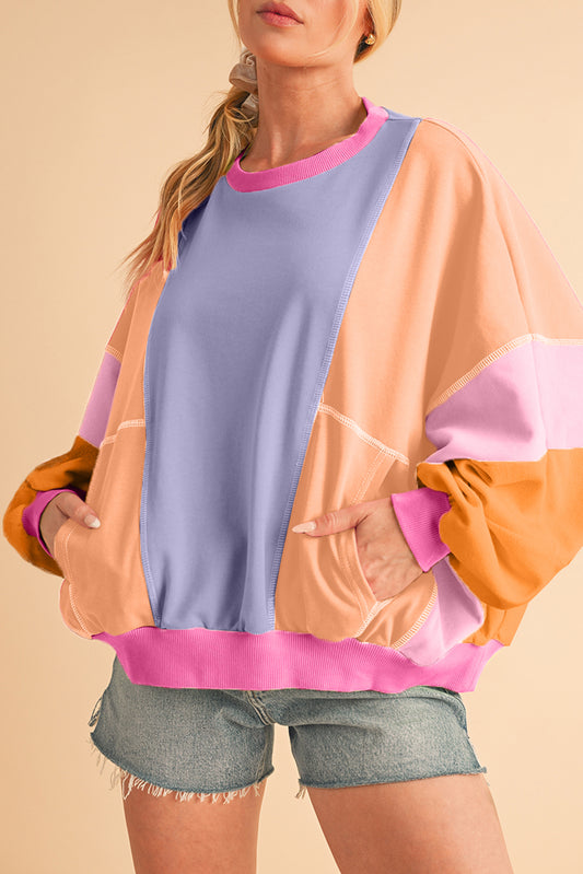 Grapefruit Orange Colorblock Patchwork Drop Shoulder Top