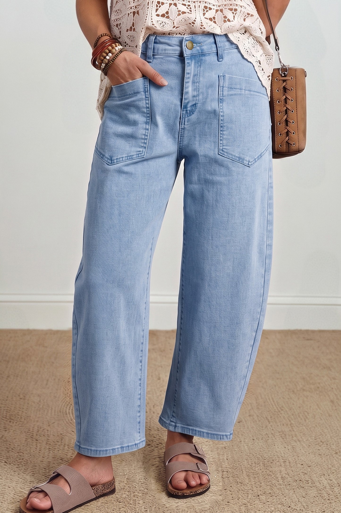 Four Leaf Clover Solid Color Square Patch Pocket Ankle-length Barrel Jeans