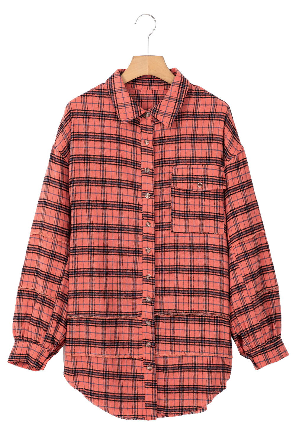 Red Plaid Long Sleeve Distressed Hem Shirt