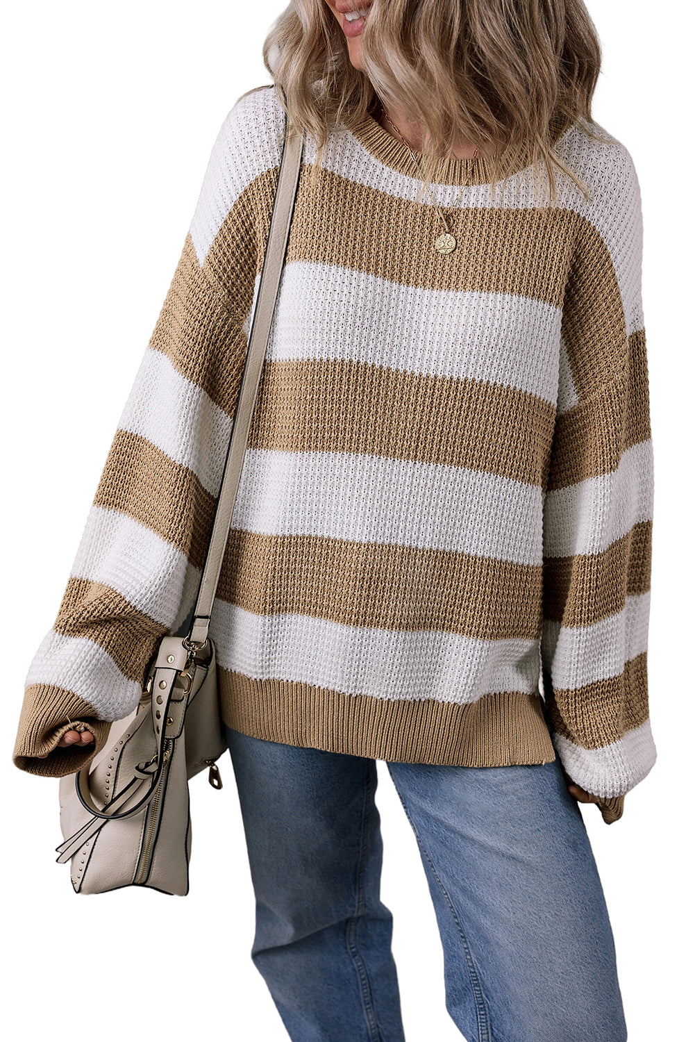 Light French Beige Striped Drop Shoulder Side Slit Sweater