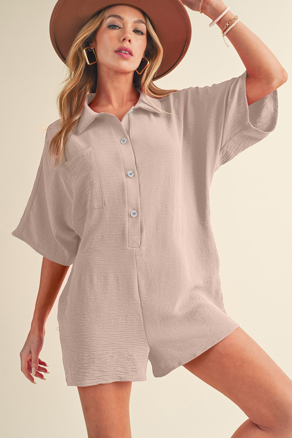 Black Plain Half Button Collared Pocket Loose Romper