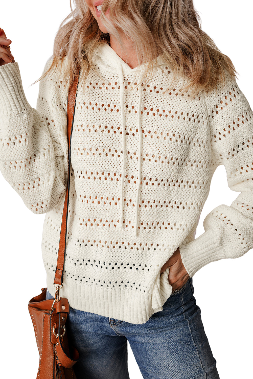 White Pointelle Knit Raglan Sleeve Drawstring Hooded Sweater