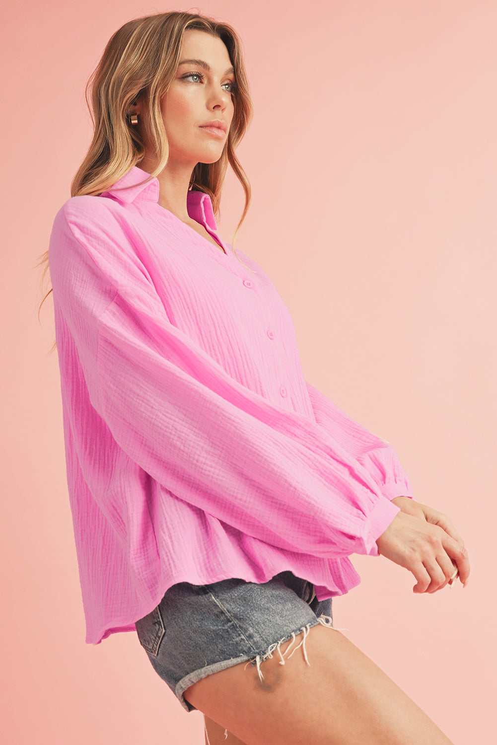 Bonbon Solid Color Puff Sleeve Crinkled Shirt