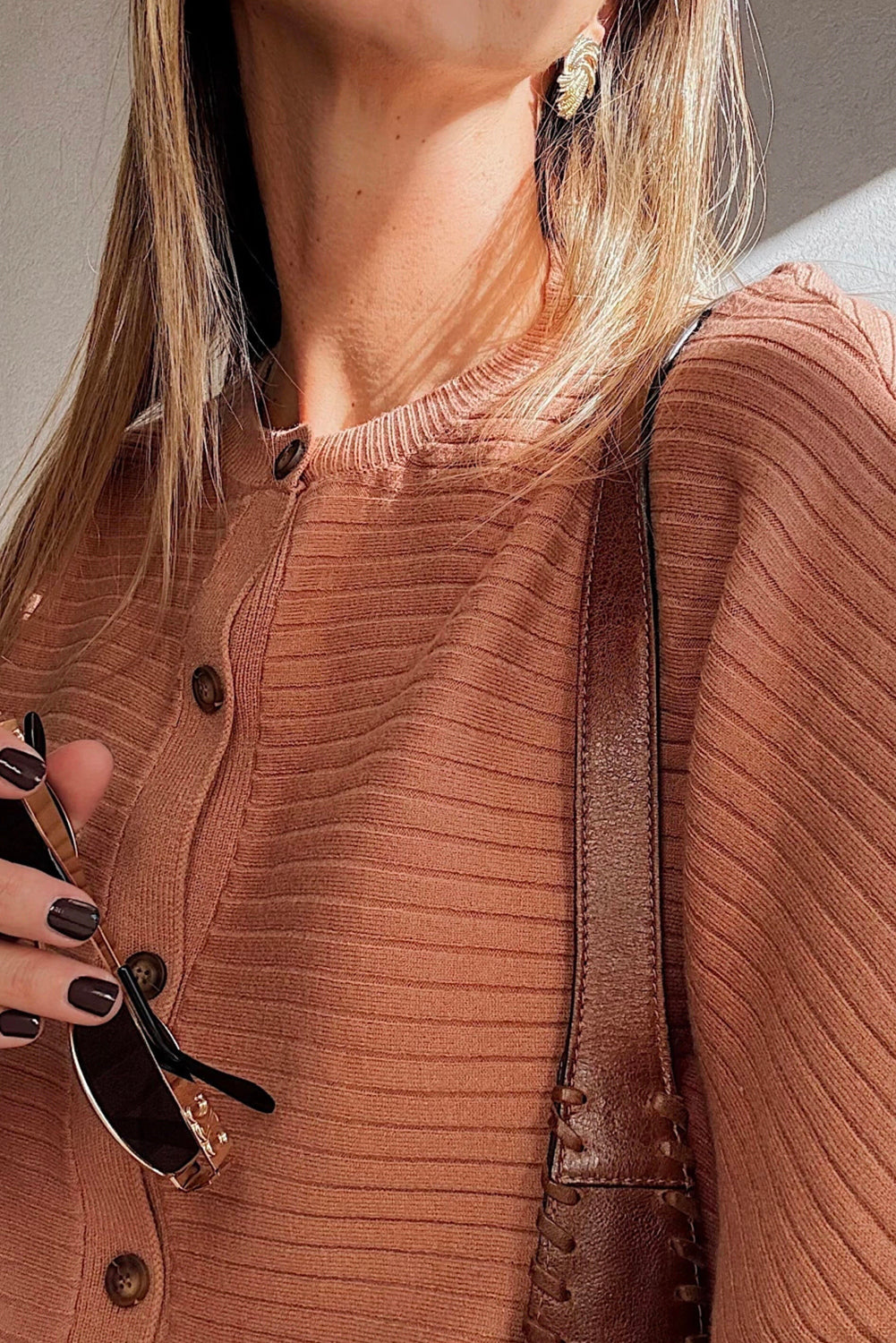 Apricot Pink Rib Knit Button Front Dolman Sleeve Cardigan