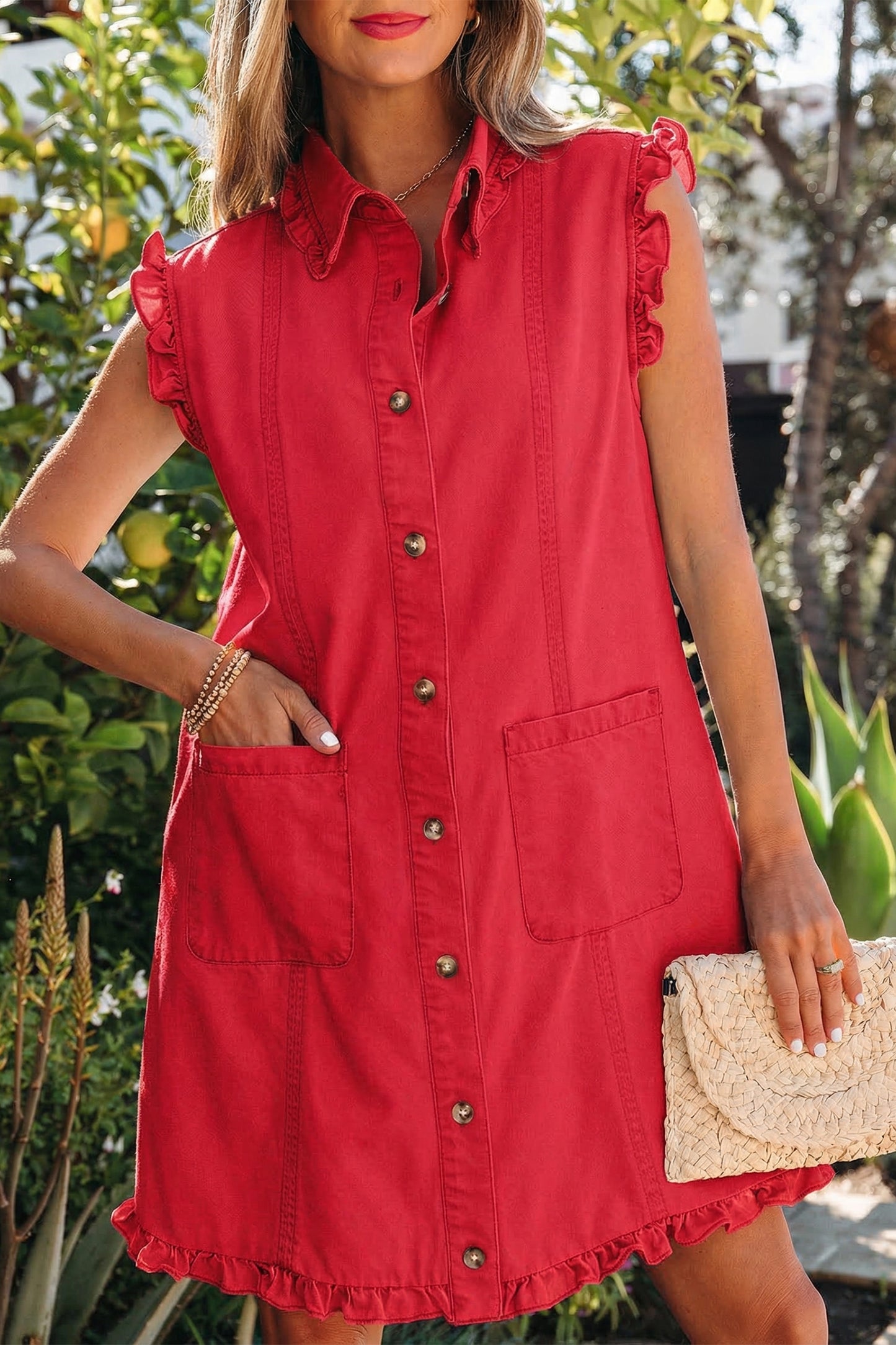 Beau Blue Ruffled Edge Collared Shift Denim Dress with Pockets
