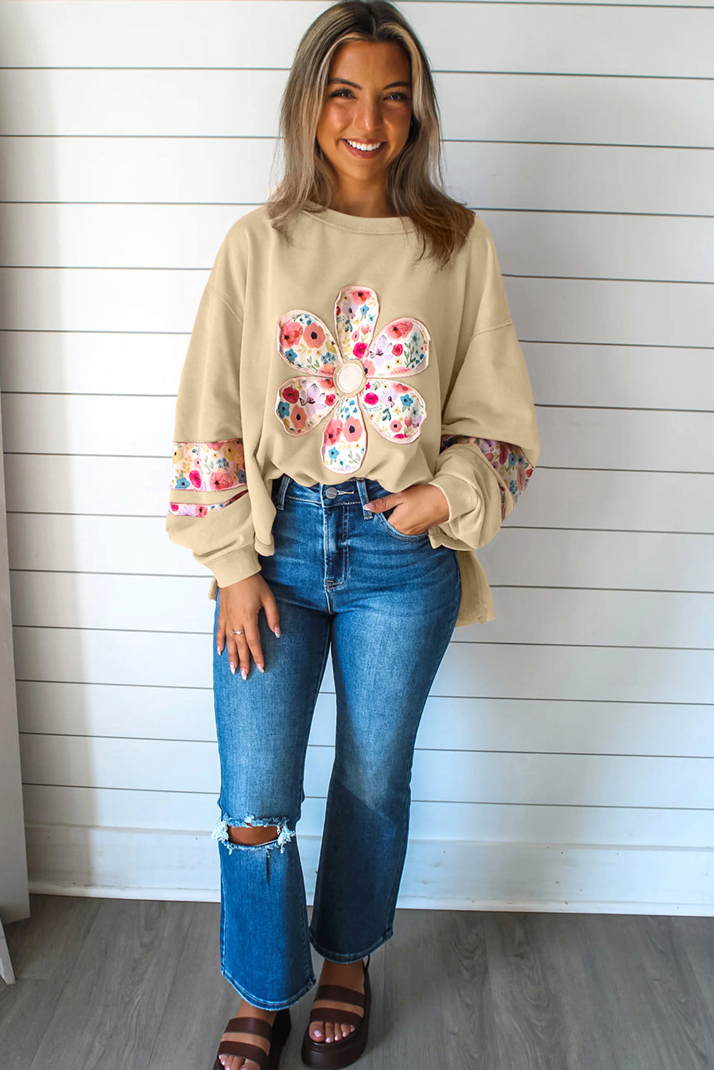 Wisteria Flower Applique Patchwork Drop Sleeve Pullover Sweatshirt