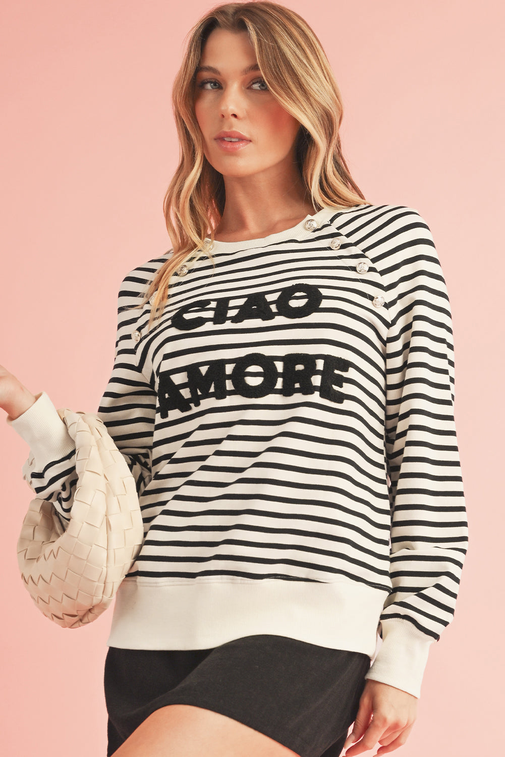 Black Stripe CIAO AMORE Graphic Buttoned Sweatshirt