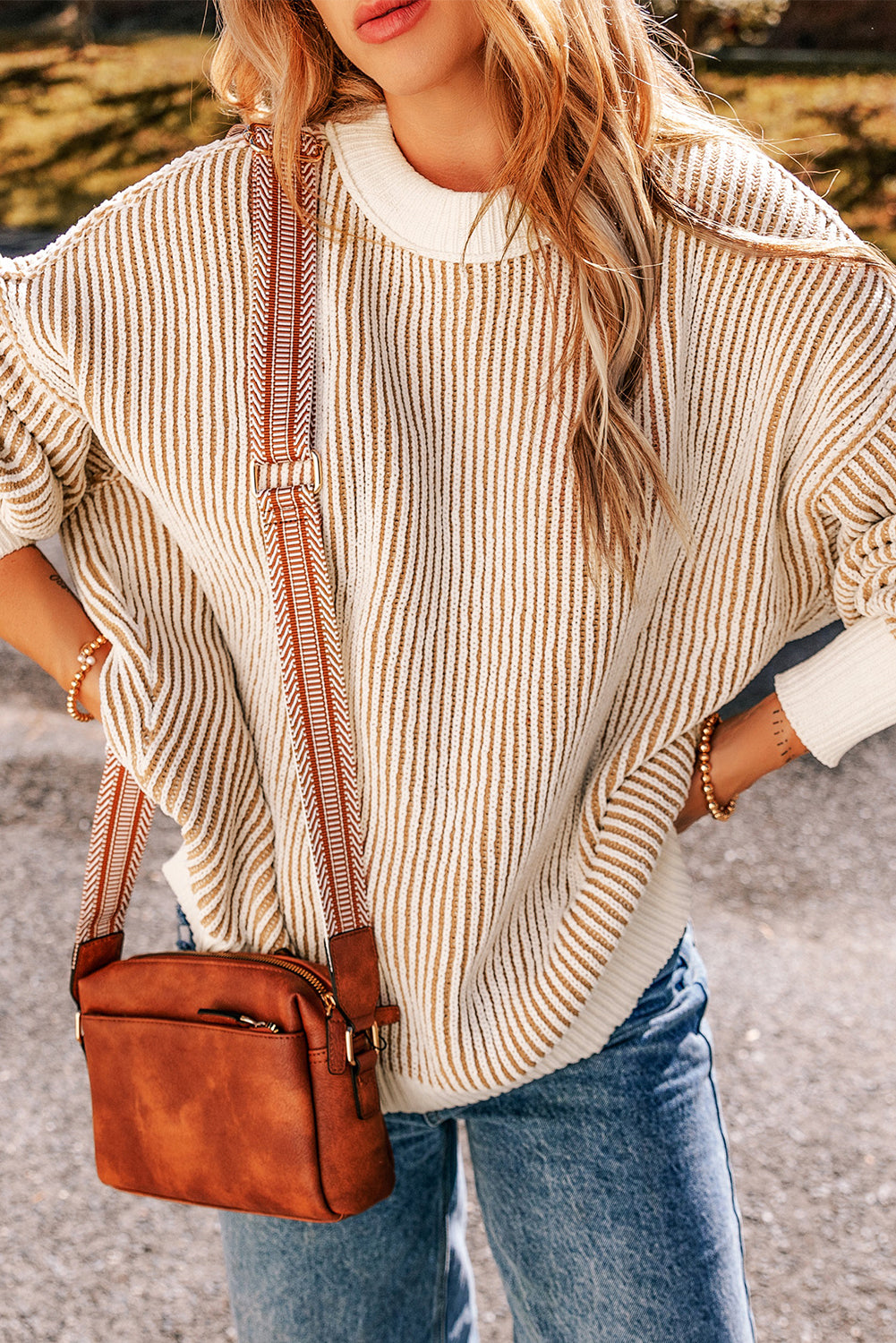 Chestnut Striped Contrast Trim Loose Sweater