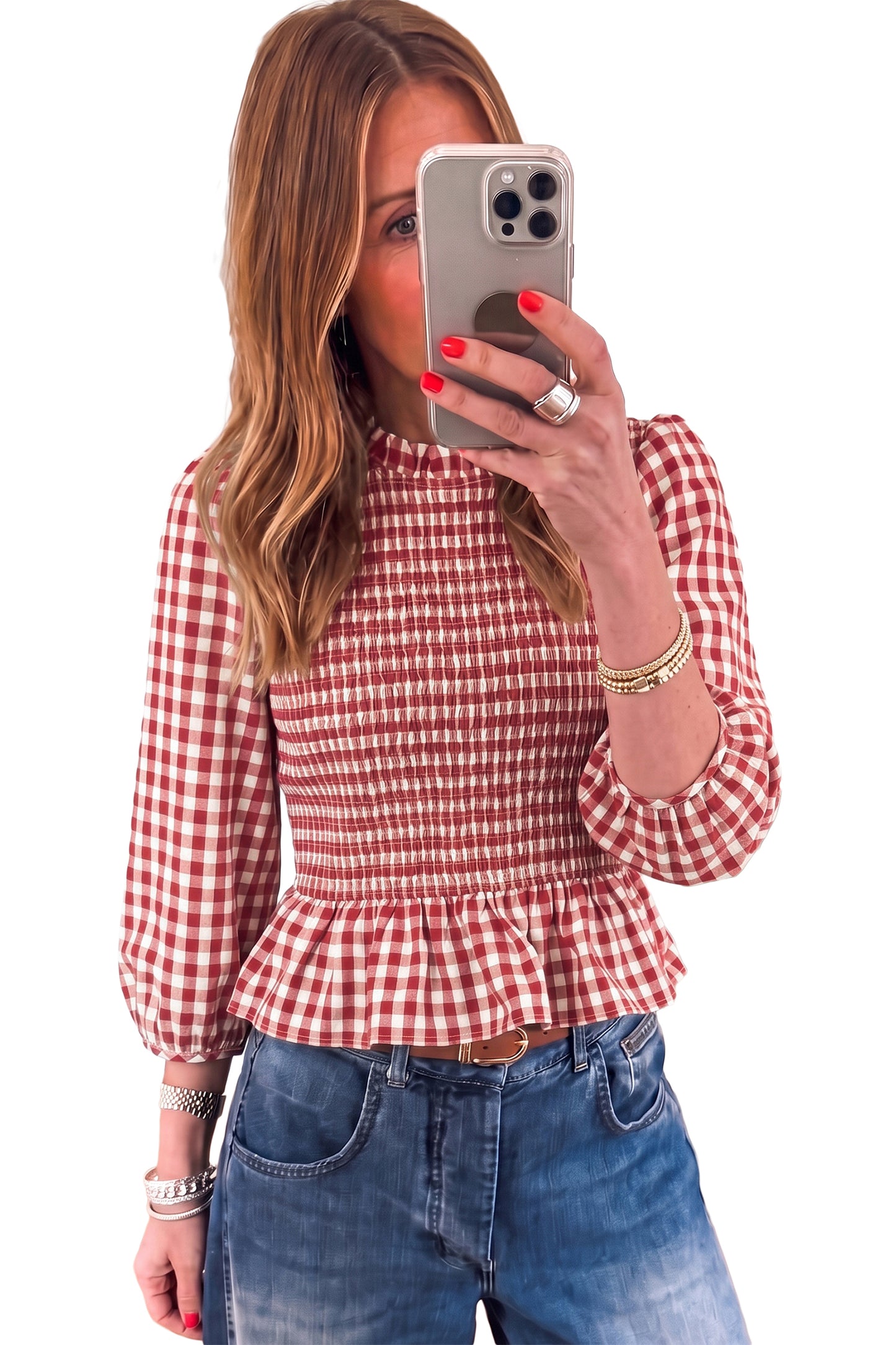 Brown 3/4 Sleeve Shirred Plaid Peplum Top