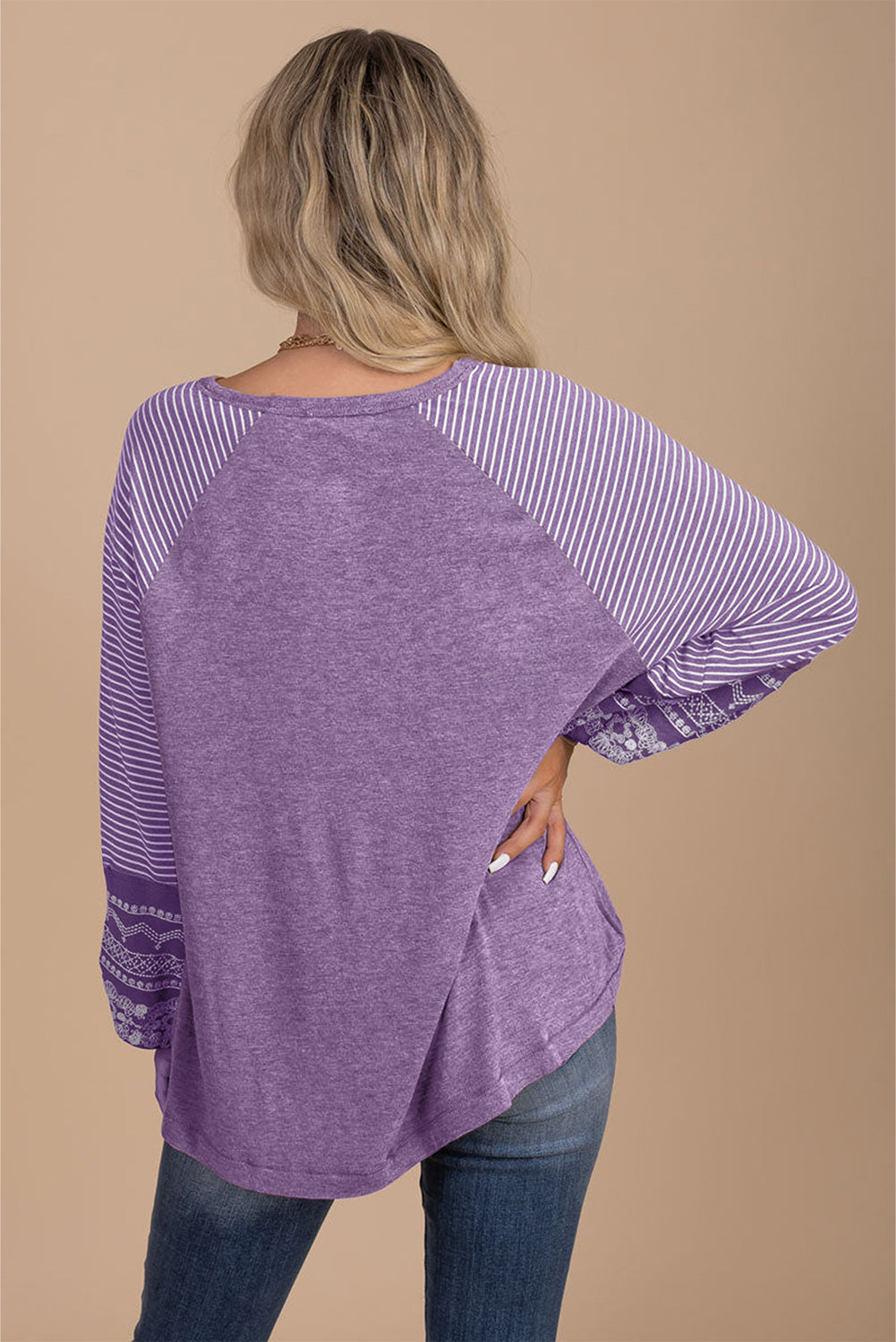 Mineral Red Contrast Print Striped Raglan Long Sleeve Loose Top