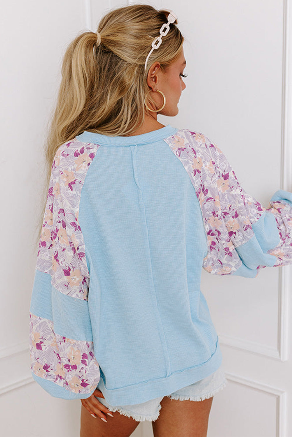 Beau Blue Crinkle Rib Floral Patchwork Balloon Sleeve Top