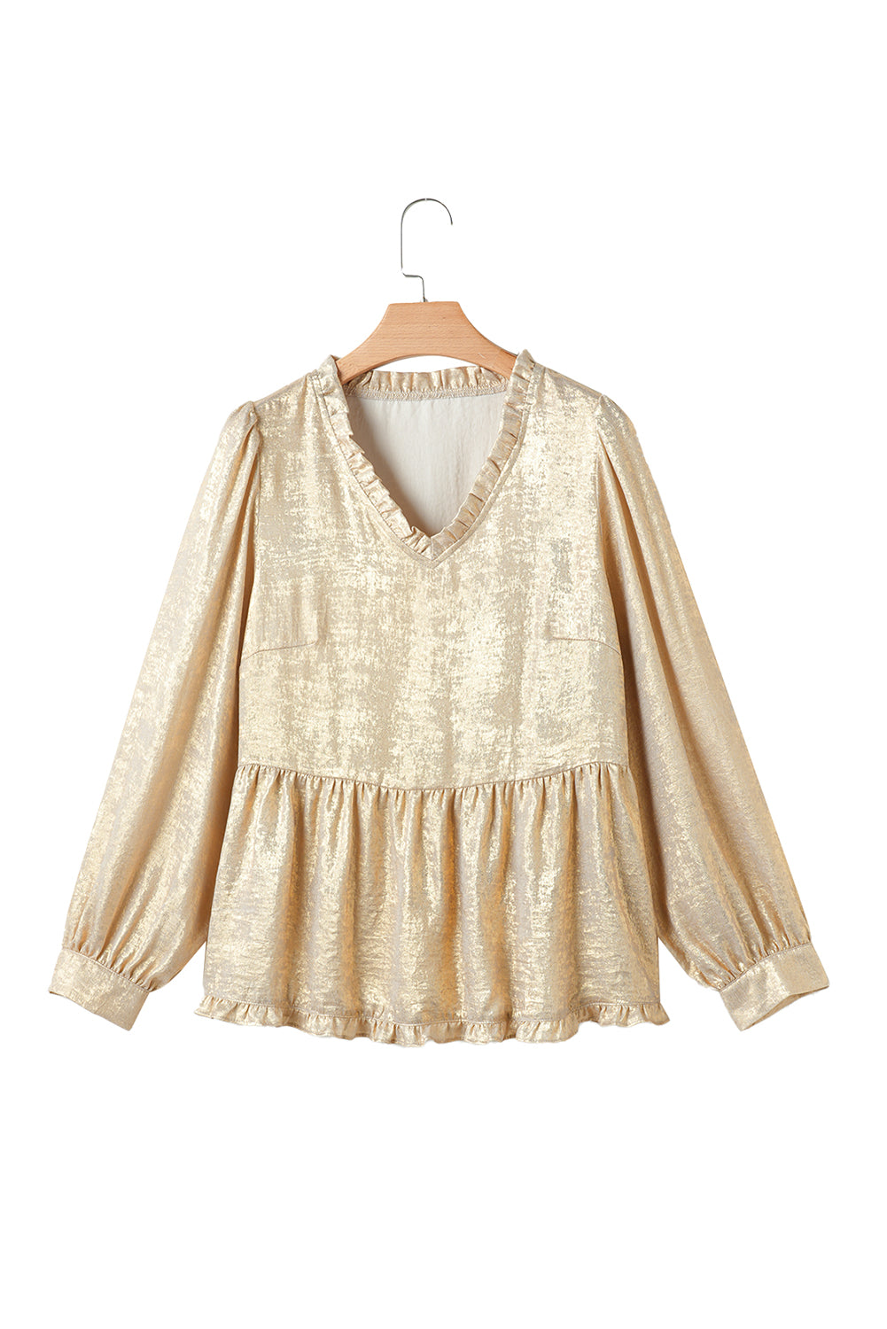 Gold Metallic Velvet Frill V Neck Puff Sleeve Babydoll Blouse